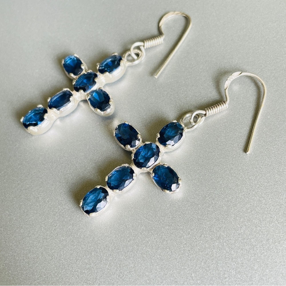 Blue Faux Sapphire (CZ) Dangle Cross Hook Earrings in Sterling Silver Vi… - Picture 6 of 7